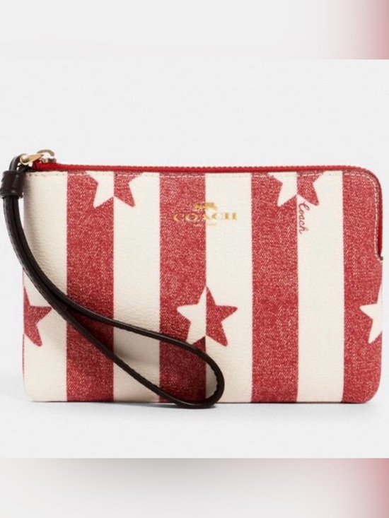 Coach Handbags - Coach Red & Cream Star-Stripe Wristlet with Brown Strap